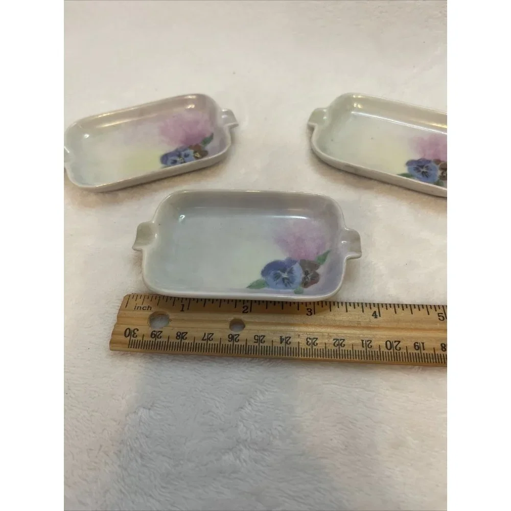 Vintage Hand Painted Pansy Porcelain Ashtrays Set of‎ 3 Lusterware Floral